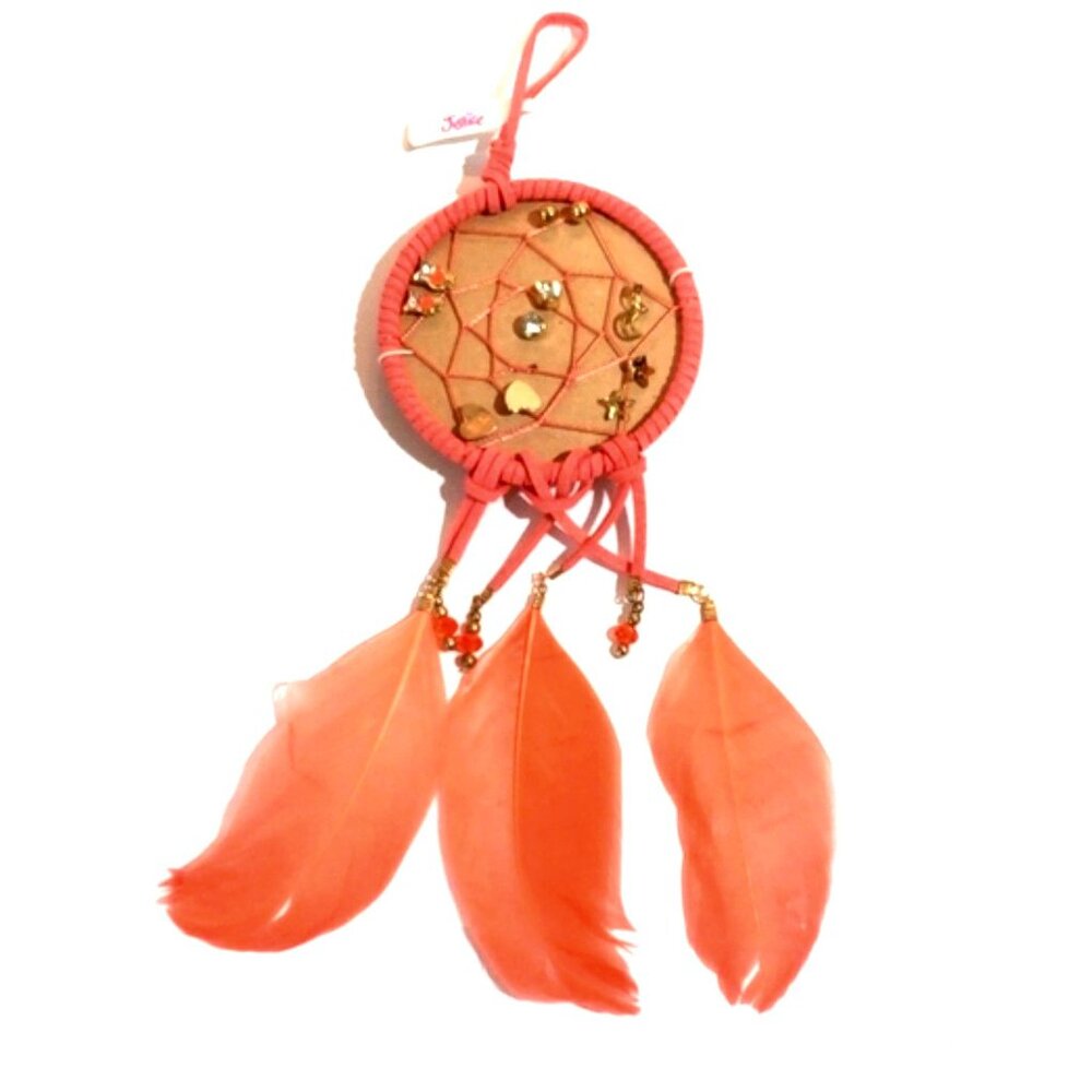 Jusctice Coral Pink Dreamcatcher Wall Hanging w/ Feathers + 6 Pair Stud Earrings